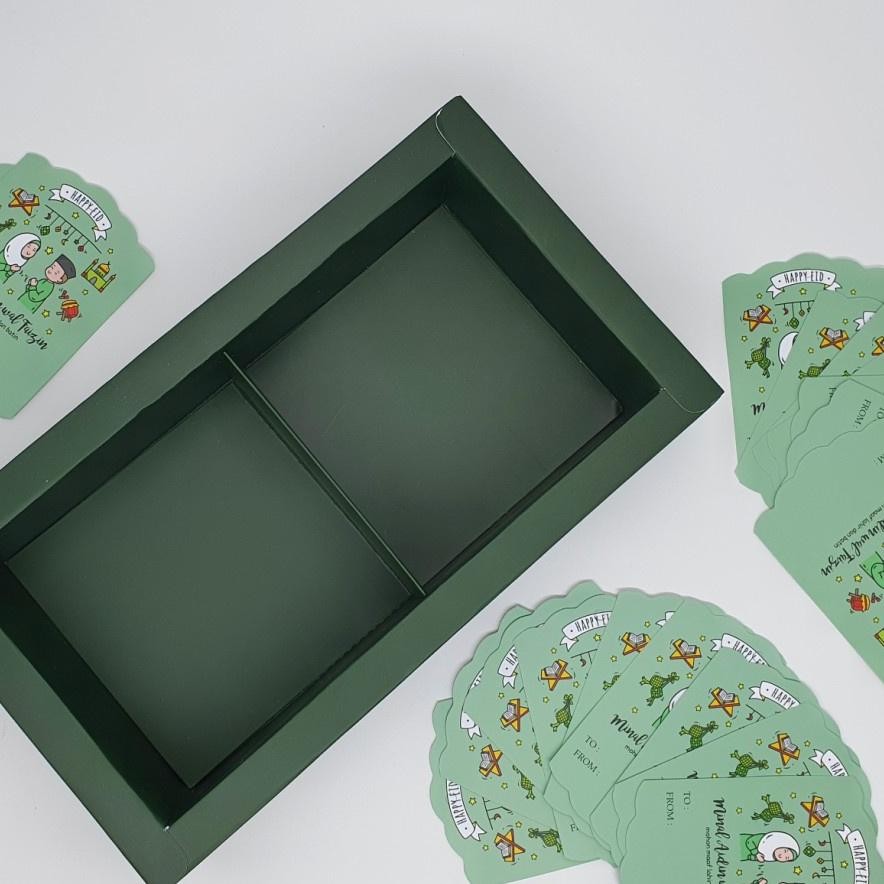 

( 1 pack isi 5pcs ) Box Minichiffon tutup Mika Lebaran / Polos Transparan ukuran 22x11x6 cm Insert 2 Hijau Tua dan Tag Ucapan Idul Fitri Dus Packaging Hampers Parcel Eid Mubarak