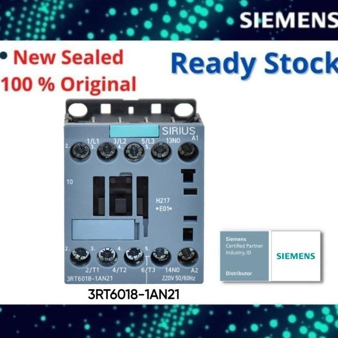 Siemens 3Rt6018-1An21 Contactor Ac 220 V 50/60 Hz Ac3 7.5 Kw 400 V New Stok