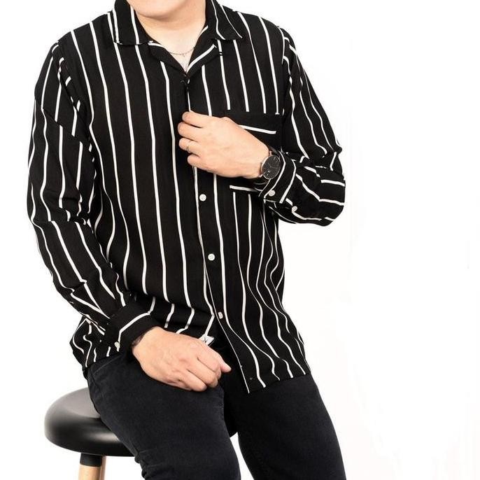 New 2.2 Baju Casual Butik Kaleena Kemeja Pria Formal Regular Lengan Panjang Kerah V-Neck Motif Salur