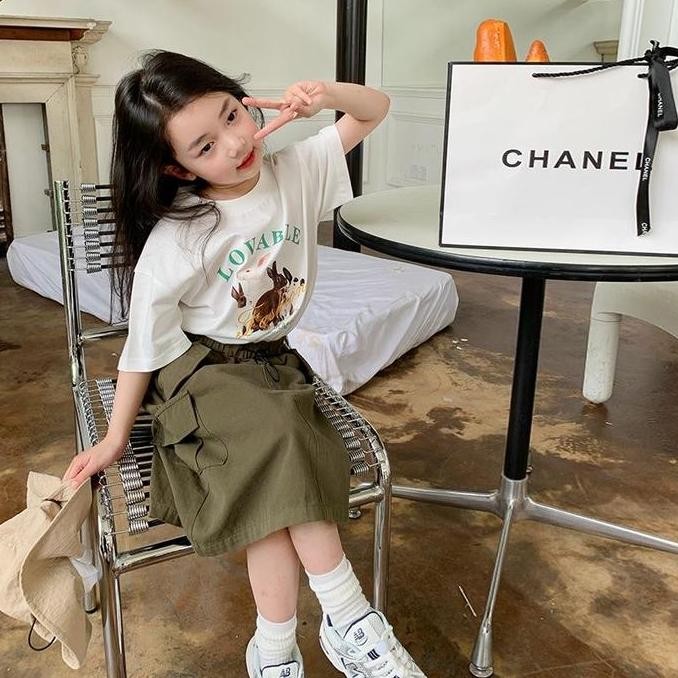 Setelan Rok Cargo Anak Perempuan Oneset Anak Cewek Setelan Anak Perempuan Set Cargo Atasan Lengan Pe