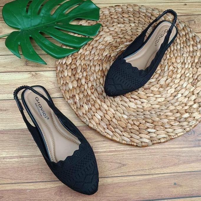 Murah Sepatu Flat Shoes Wanita Bahan Rajut Gravici Fl-01 Hitam Kerja Karet Sandal Wanita Flat Shoes 