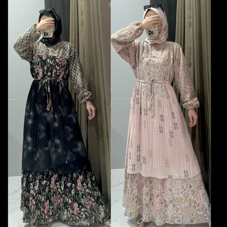 Promo Gamis Lebaran Ceruti Babydoll Dress Brukat Ramadhan Idul Fitri Set Dengan Hijab Set Kerudung M