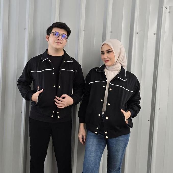 (Isi 2 Pcs) Jaket Sweater Kemeja Couple Pasangan Black Jacket Sweter Hodie Kapelan Hitam List Putih 