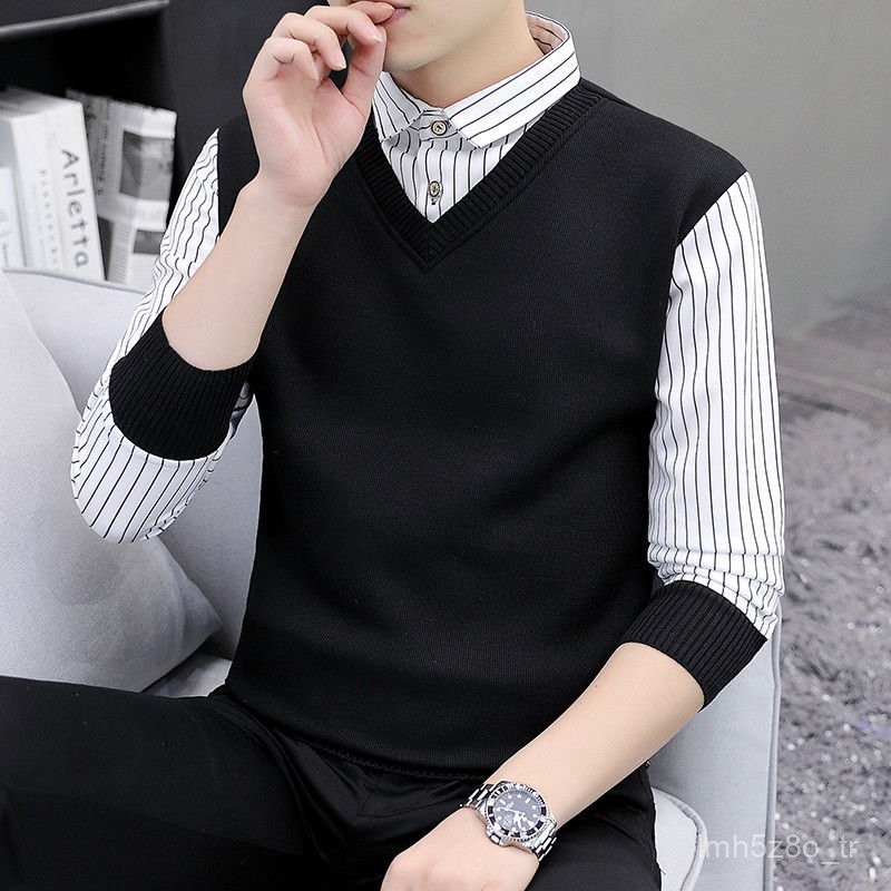 Kerah Kemeja Pria Palsu Dua Bagian polo Kemeja Lengan Panjang T Baju Kaos