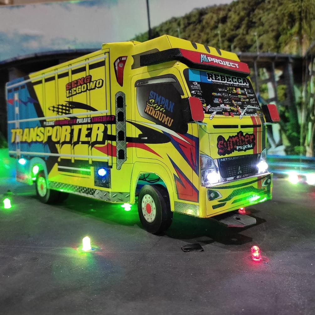 Truk Oleng Miniatur Kayu Asli Full Variasi Transporter Lampu Kelap Kelip Terpal Roda Kayu Mainan Ana