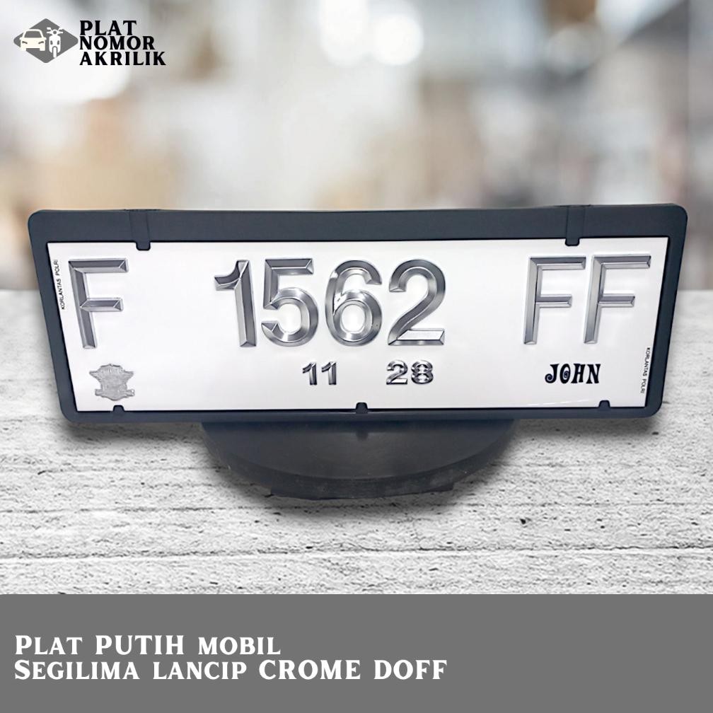Plat Nomor Mobil Akrilik Timbul CROME DOFF PUTIH - Lancip Segi 5