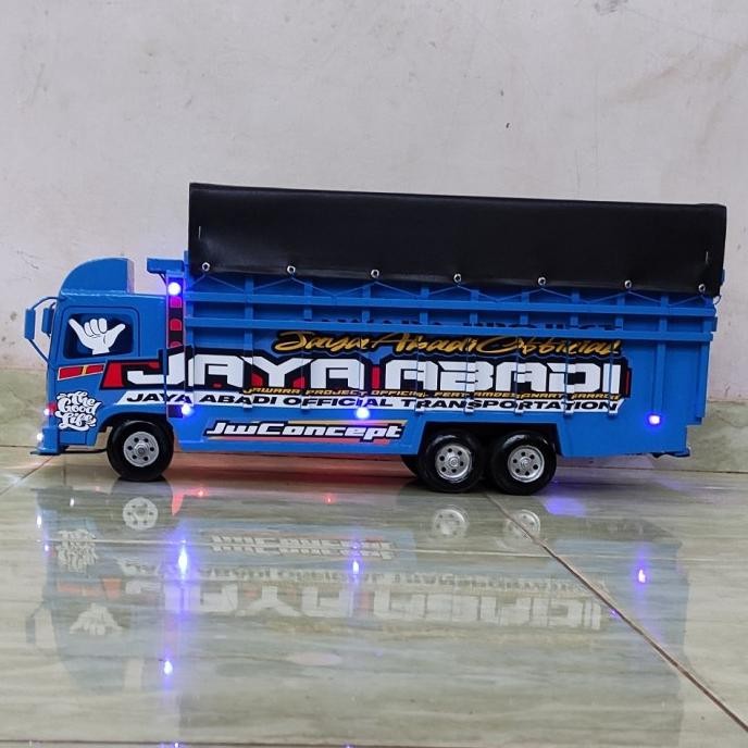 Miniatur mobil mainan anak truk oleng kayu tronton hino full lampu -j13