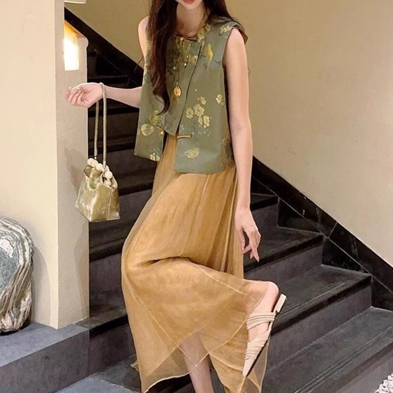 New Chinese Style Women's Old Money Style Vest Commuter Tank Top Waistcoat2025Summer Cool Zen Dress 
