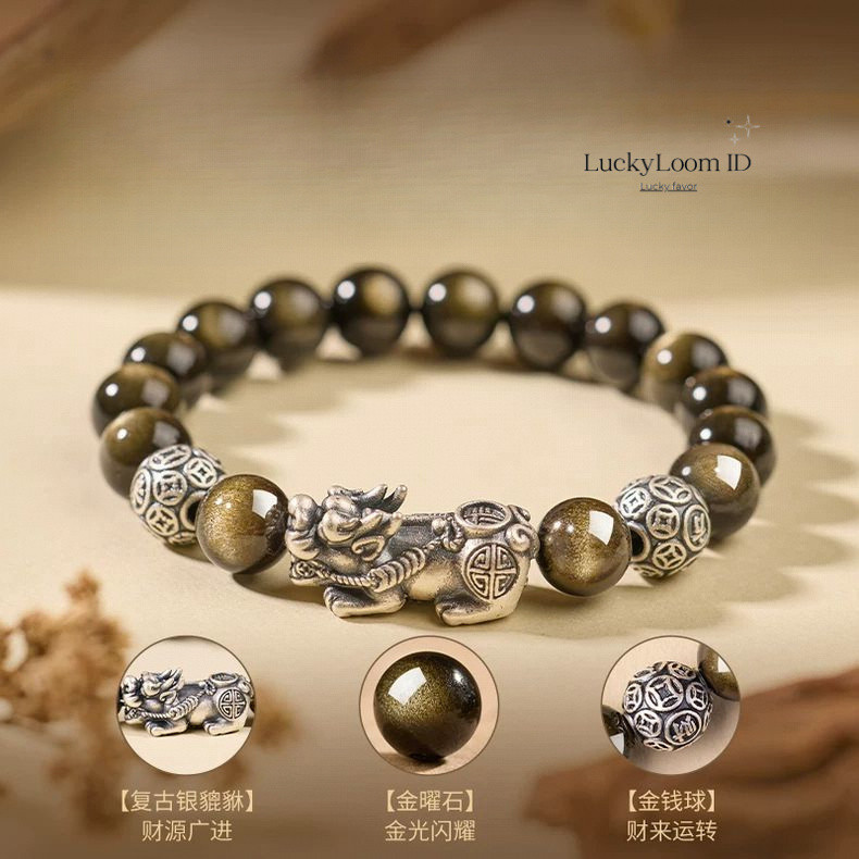 Natural Double Eyed Gold Obsidian Bracelet for Men Black Obsidian Wealth and Luck Pixiu