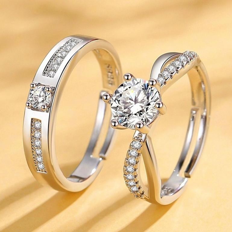 Cincin Tunangan Titanium Wanita Anti Karat Cincin Pasangan Emas Putih Pria Buat Pacar Kawin Nikah