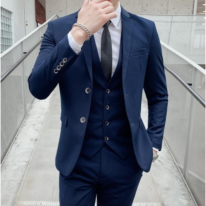 new  Setelan Jas Pria 3 in 1 Navy Polos Jas Rompi Tuxedo dan Celana Formal murah