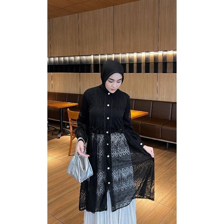 Black Outer Brukat Cardigan Brokat Lengan Panjang Atasan Outher Brukat Outer Brokat Outer Tulle Oute