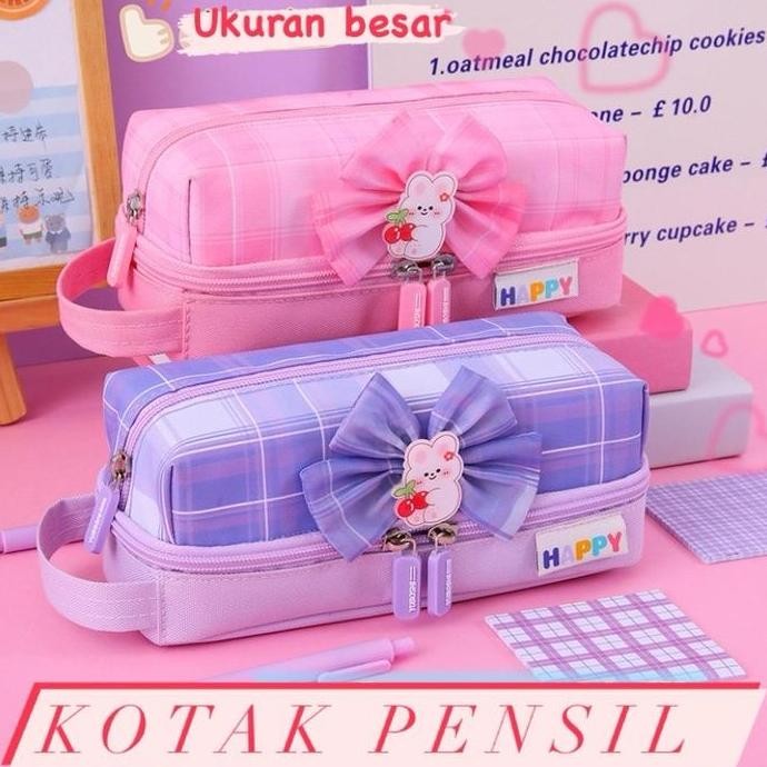 

Terbaru Tempat pensil ukuran besar motif lucu , 2 susun bahan kain, sudah termasuk pin akrilik bentuk beruangnya Stationery