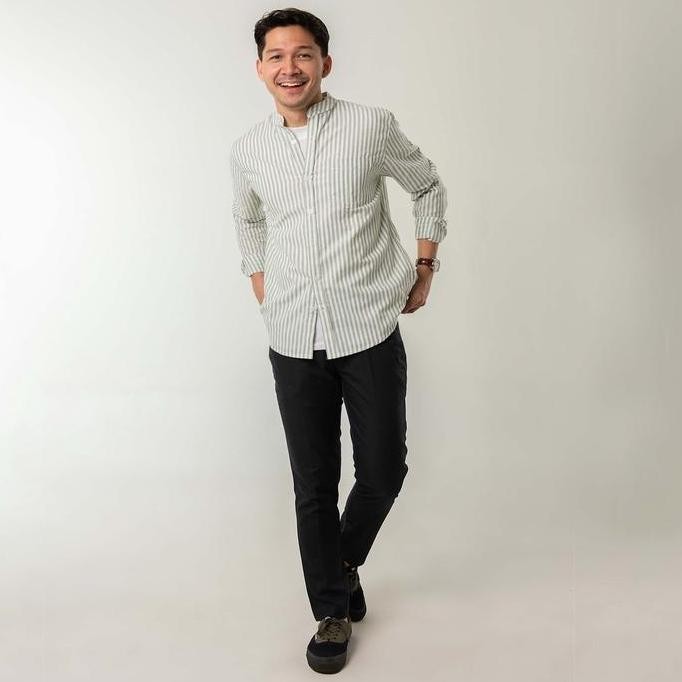 Promo Kemeja Pria Garis Woodcutter Collarless Butcher Stripe Kerah Shanghai - Sage Green Lengan Panj