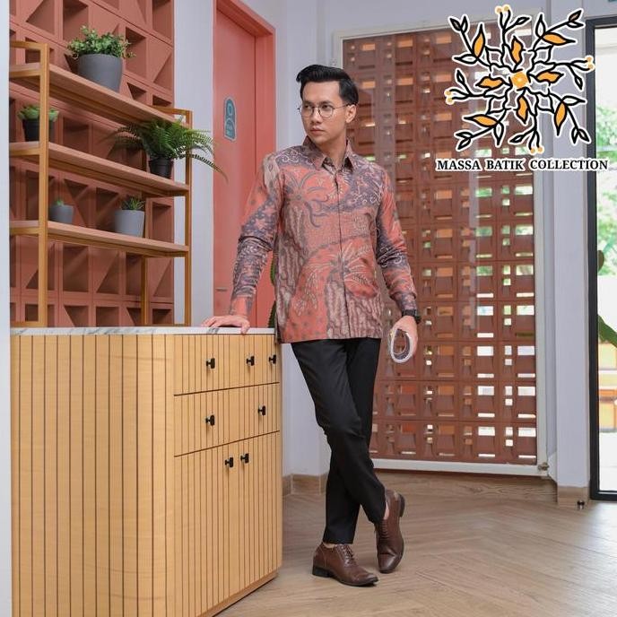 Promo Kemeja Batik Pria Premium Lengan Panjang Bahan Dobby Halus Lembut Lapisan Adem Warna Salem - M