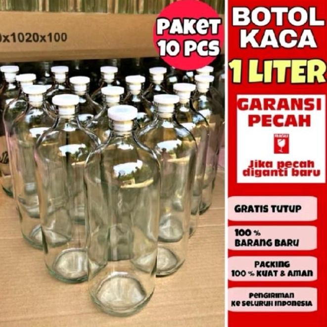 Botol kaca 1 liter (10pcs) Botol Bensin baru 1 liter / Botol kaca /botol jamu / botol cembung Botol 