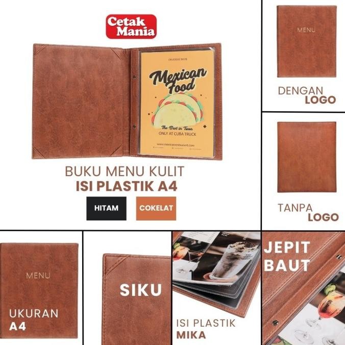 

Cetak Mania - Buku Menu Kulit Polos dan Logo Jepit Baut Isi Plastik Mika A4 & 15x30 Coklat muda, Coklat tua, Hitam - Cafe, Coffee Shop, Restoran, Hotel LS