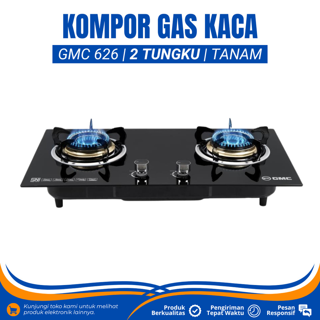KOMPOR GAS 2 TUNGKU KACA GMC 626 KOMPOR GAS PANEL KACA TEMPERED GLASS KOMPOR GAS TANAM 2 TUNGKU
