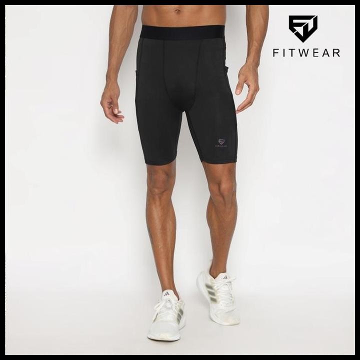 Fitwear - Legging Baselayer Pendek Dryfit Pria Fitwear Justin Basic Pocket Short - Black - S - 2Xl  