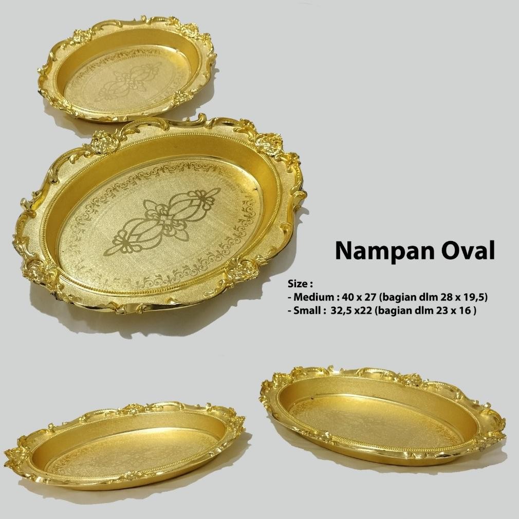 Nampan Emas Kuning Gold Bulat Oval Motif Dekorasi Tamu Jamuan Murah