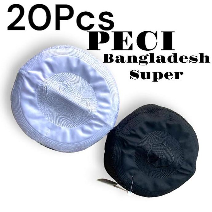 [GROSIR] 20 Pcs Peci BANGLADESH Super Motif Bordir Peci Haji Putih Kain Lembut Muslim Umroh Kopiah S