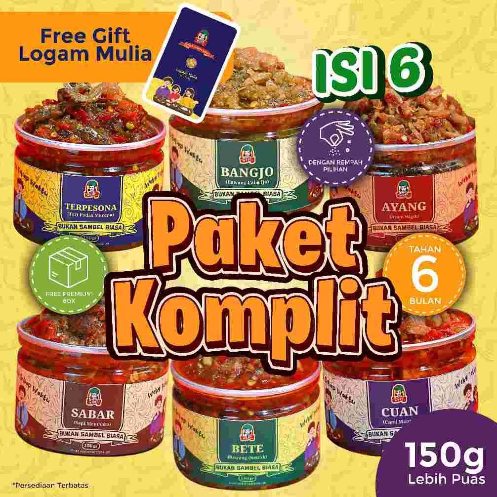 

READY STOK FREE GIFT LOGAM MULIA - Sambal Weby Paket Komplit 6 Varian - Sambal Cumi, Sambal Ayam, Sambal Daging, Sambal Cabe Ijo, Sambal Bawang, Sambal Teri isi 150 gr Siap kirim