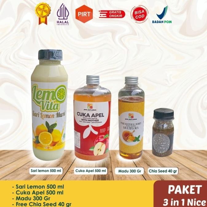 

STOK TERBATAS PAKET LEMOVITA SARI LEMON 500 ML, CUKA APEL 500 ML, MADU 300 GR & CHIA SEED 70 GR