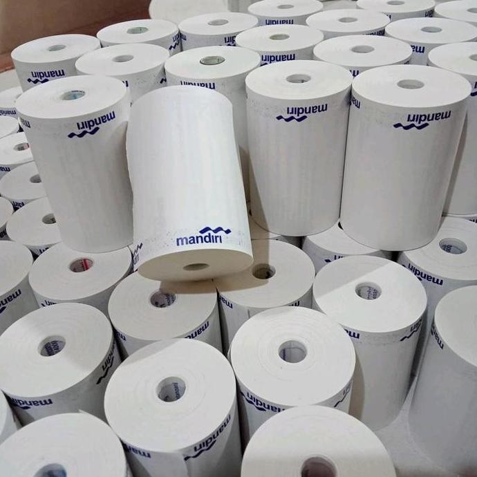

ready Kertas struk edc logo mandiri ukuran 58x40mm paket 10 pcs/roll Hitam murah