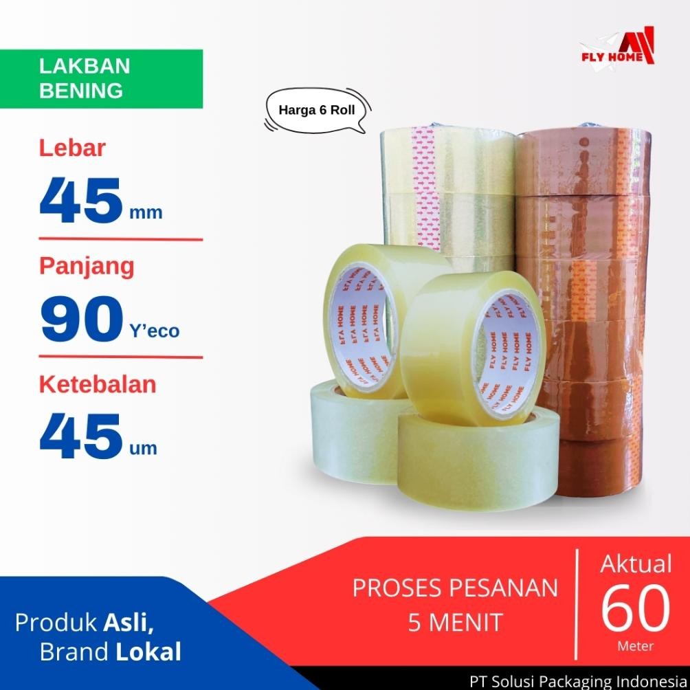 

FLYHOME Lakban bening 90 yard 2inchi 45mm x 90yard 6 roll 90 yard ECO murah