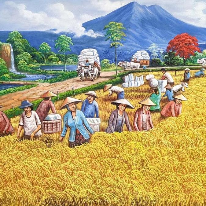 Murah Lukisan Panen Padi Timbul 3D 140x90cm Pemandangan Gunung Air Terjun Alam Desa Dekorasi Lukisan