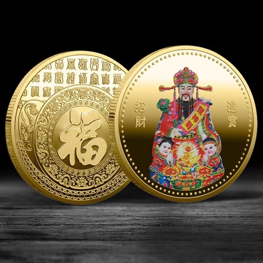 Premium Koin Emas Peringatan Dengan Motif Dewa Kekayaan / Koin Money Amulet Feng Shui High Quality
