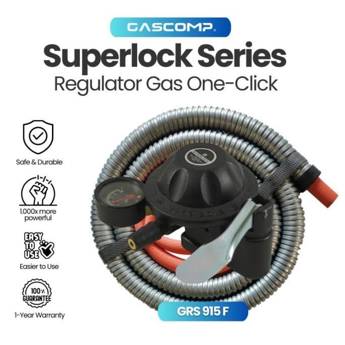 Grosir Superlock Regulator Gas Low Pressure Gascomp (Grs-915F)-Selang Flexible Hitam 5 Lapisan Kuat 