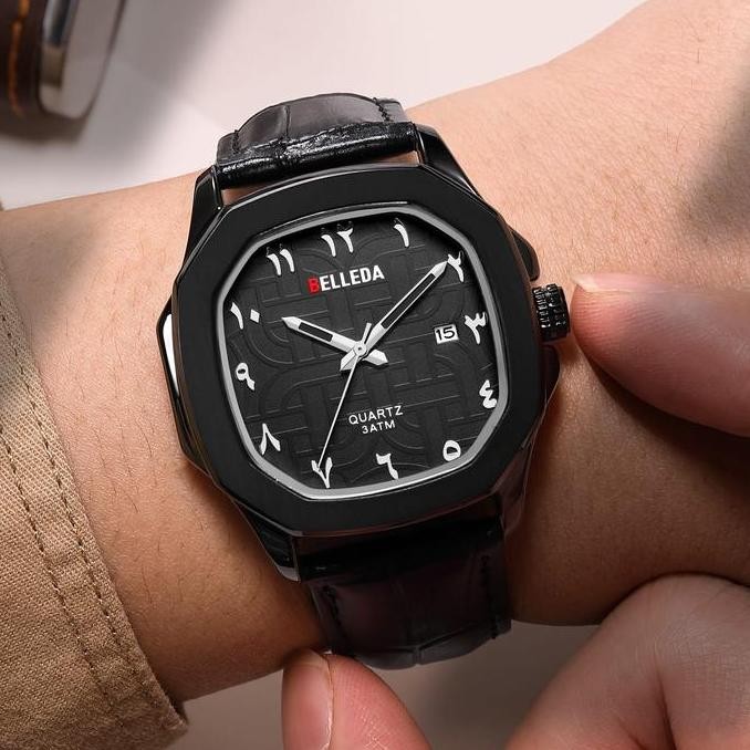 Grosir Esklusif Live Buy 1 Get 1 Belleda 9484-2 Analog Series Strap Leather Arbick Number Kasual Wat