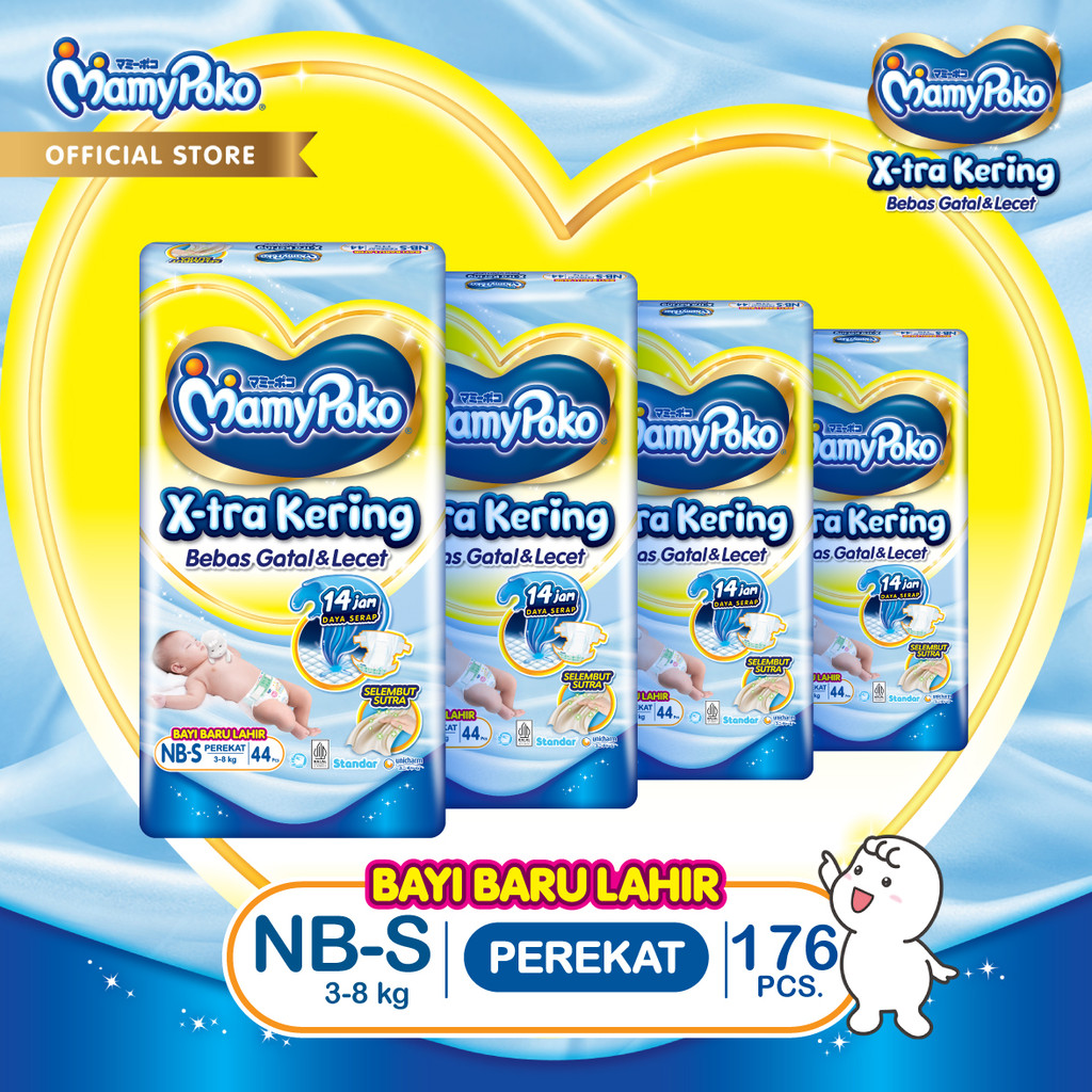 MamyPoko X-tra Kering - NB-S 44 - Popok Perekat Newborn Bayi Baru Lahir - Karton Isi 4