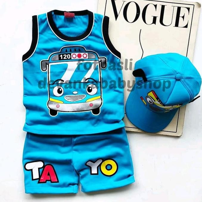 BAJU SINGLET ANAK TAYO SETELAN ANAK COWOK CEWEK MOTIF BUS LUCU BISA PAKAI TOPI UNTUK UMUR 1-10TAHUN 