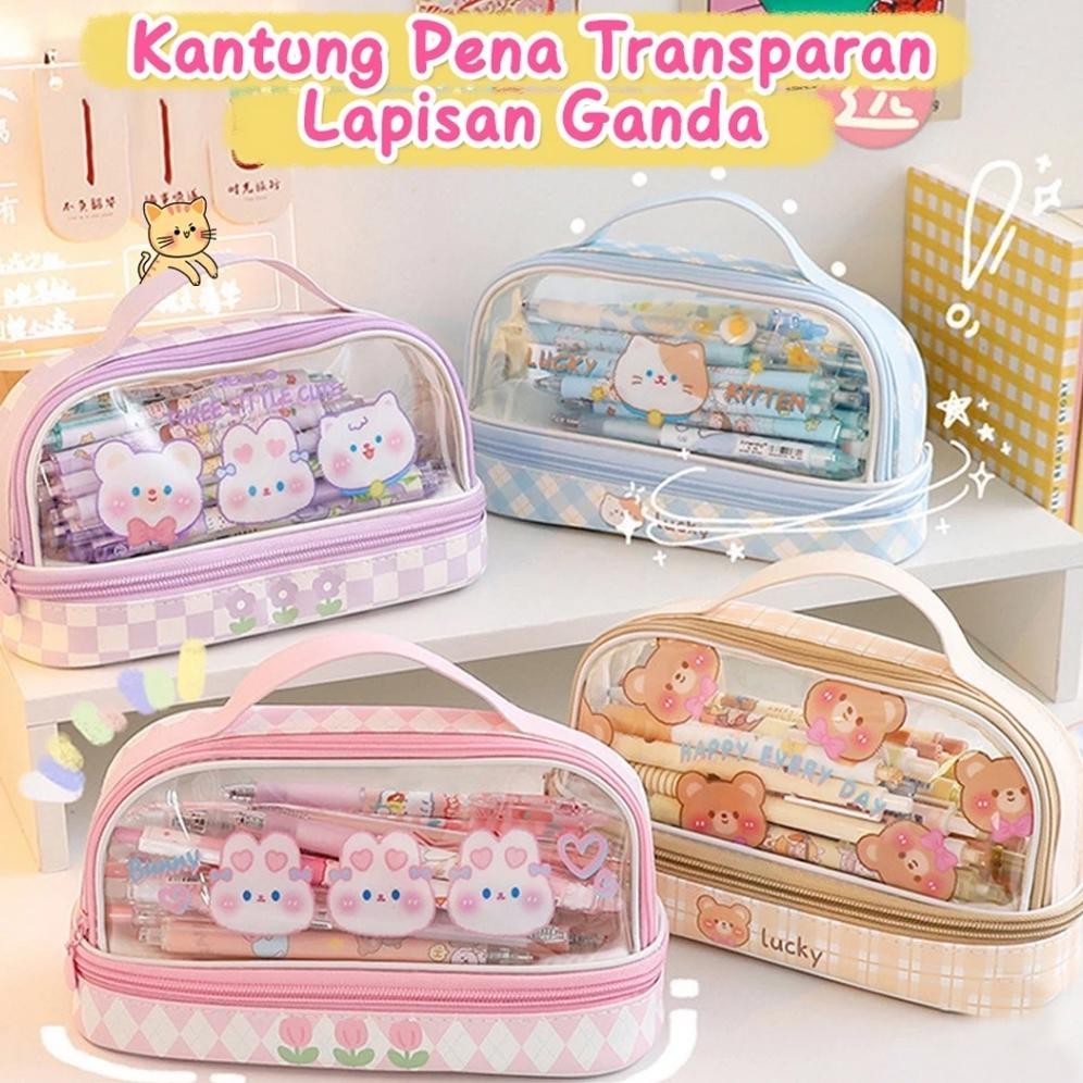 

eq-77 jg-8 Pencil Case Transparan Korea / Tempat Pensil Besar Dua Lapis / Kotak Pensil Premium Premium