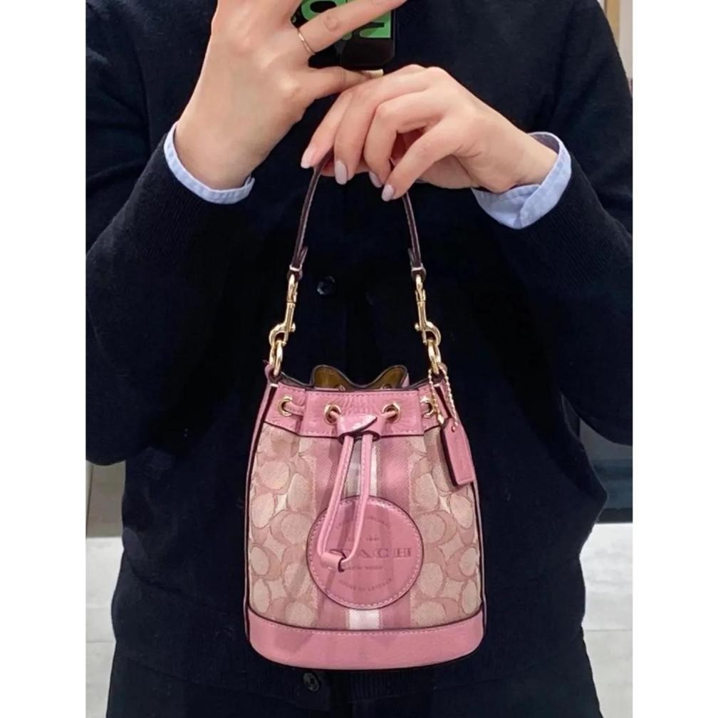 ready coach mini dempsey bucket bag in signature jacquard with stripe and coach patch  handle bag co