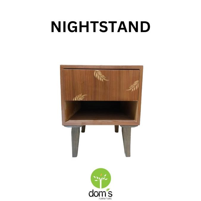 ] Dom's Nightstand/Bedside Table/Meja Tempat Tidur/Nakas dengan Laci Laminasi Veneer Kayu Walnut & M