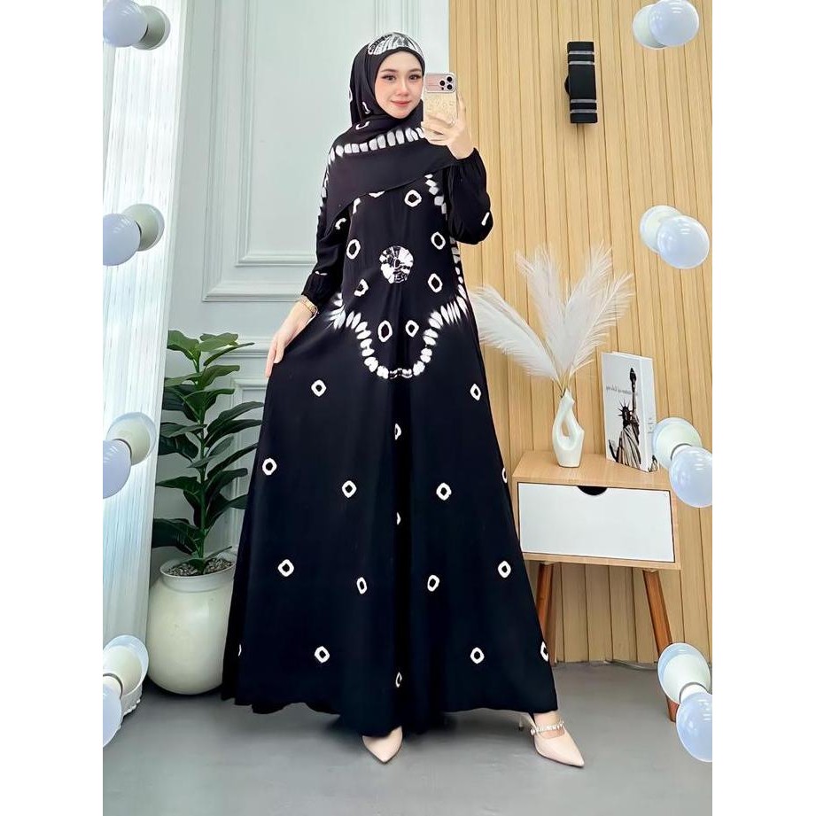 Gamis Set Hijab Simple Elegan Gamis Jumbo Motif Jumputan Kain Lembut Batik Seragam BAT