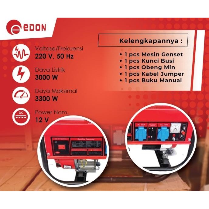 Genset 3000 Max 3300 Watt Edon Pt 3300 Genset Bensin Edon / Izumi