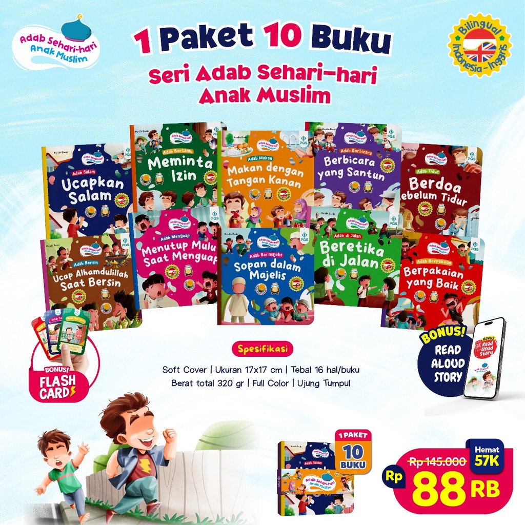 Foto Adab Sehari-Hari Anak Muslim ISI 10 BUKU BONUS Flash Card Buku Anak Islami FULL COLOR Penerbit PQS