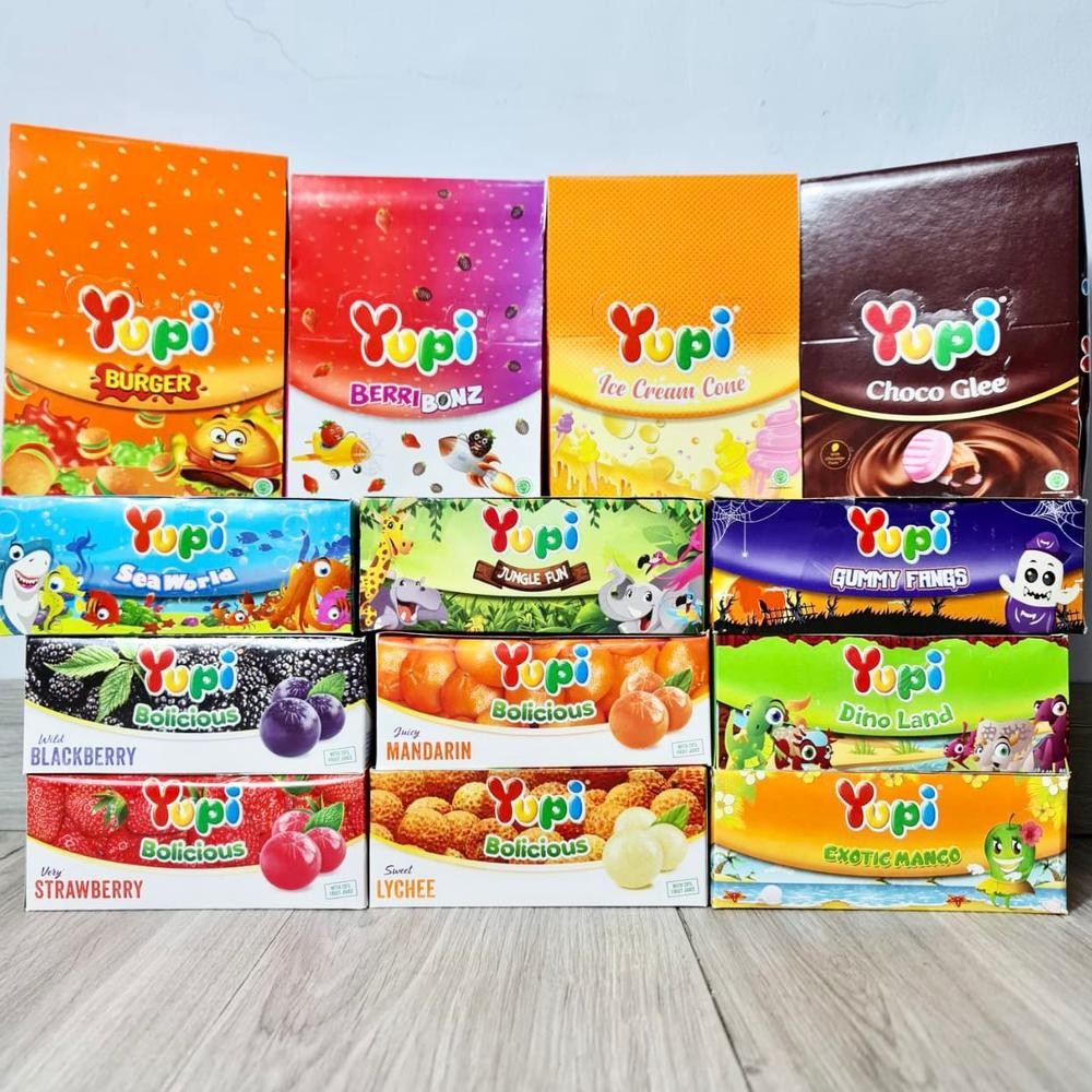 

[BERKAH] Permen YUPI All Varian Rasa Isi 24 Pcs Per Box Baby Bear / Little Star / Gummy Fangs / Wotta Melon / Ice Cream / Exotic Mango / Berribonz / Choco Glee Fruity Cola / Bolicicious Strawberry Orange / Dino Land / Jungle Fun / Mini Burger / Sea World