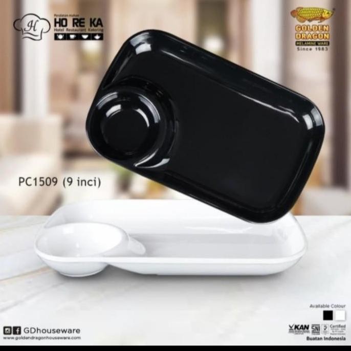 #@#@#@#@] Piring Saji Hitam Putih Sekat Melamin Porselen Glossy Golden Dragon 9"