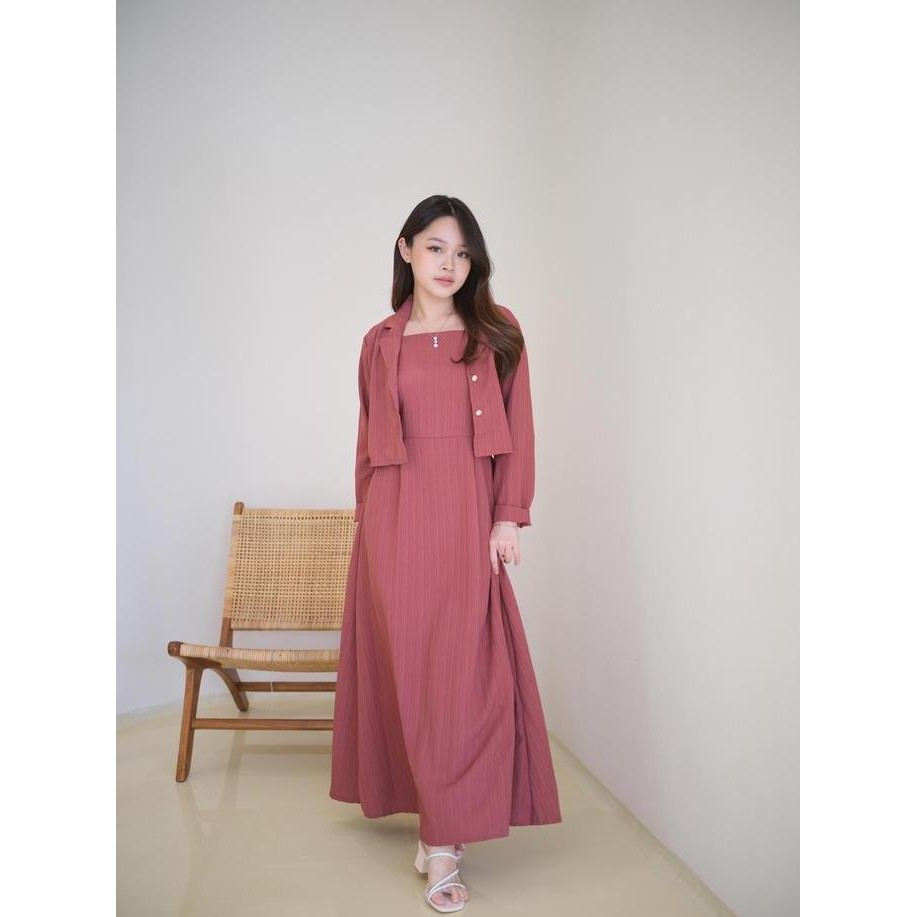 Nara Long Dress One Set Blazer / Casual Dress Wanita Pinggang Karet / Gamis Dress Blazer