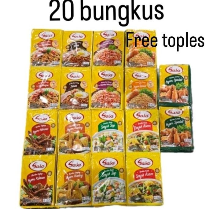 

Sasa bumbu 20 bungkus nasi goreng/ayam goreng/sayur sop/sayur asem free toples