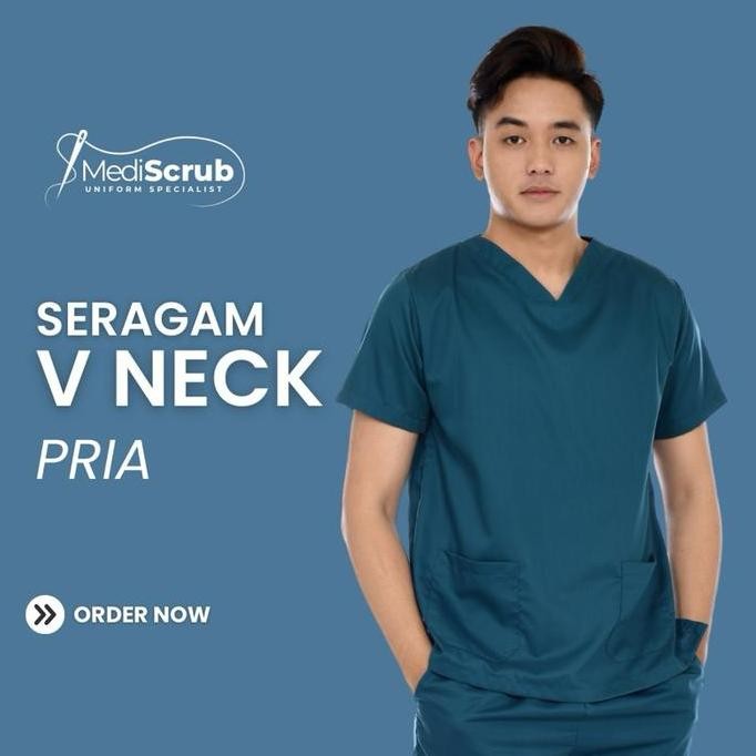 Mediscrub Scrub V Neck Pria Lengan Pendek Baju Jaga Dokter Perawat Atasan Celana Panjang New Stok