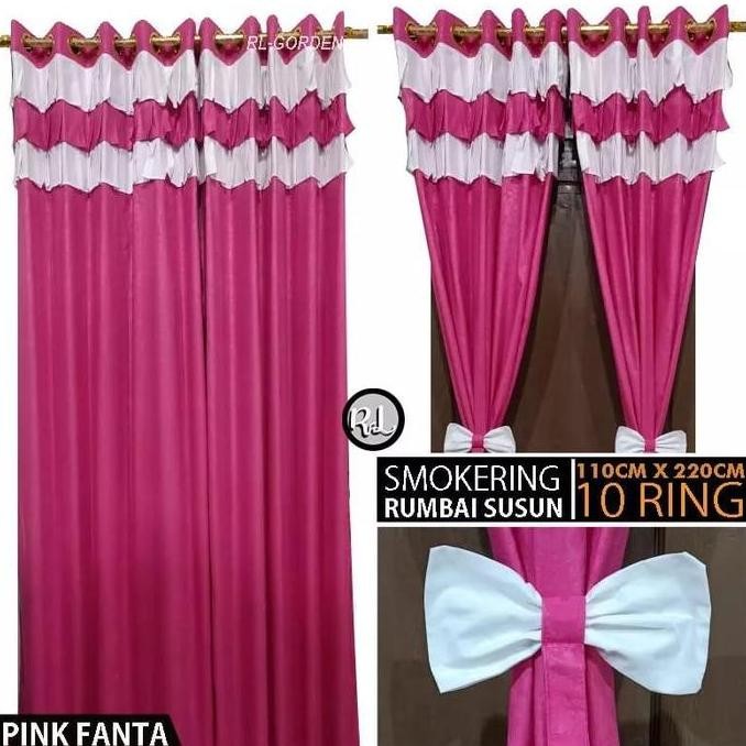 Gorden Jendela Pintu Kamar Minimalis Polos Embos Pink Model Poni Rumbai Susun Asli