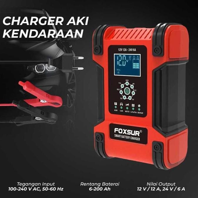 CHARGER AKI OTOMATIS MOBIL MOTOR 12V/24V CAS AKI BASAH KERING FOXSUR