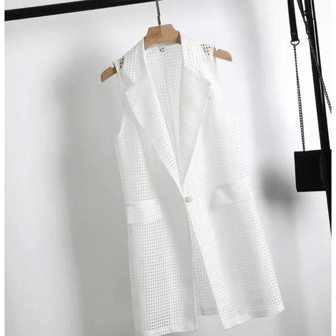 Outer Sleeveless Long Jaring Putih / Blazer Jaring Jala / Harajuku Style Terbaru