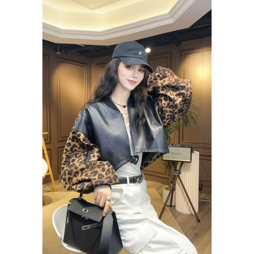 Motif Macan Tutul PU Jaket Kulit Wanita, Jahitan Dipotong Kasual